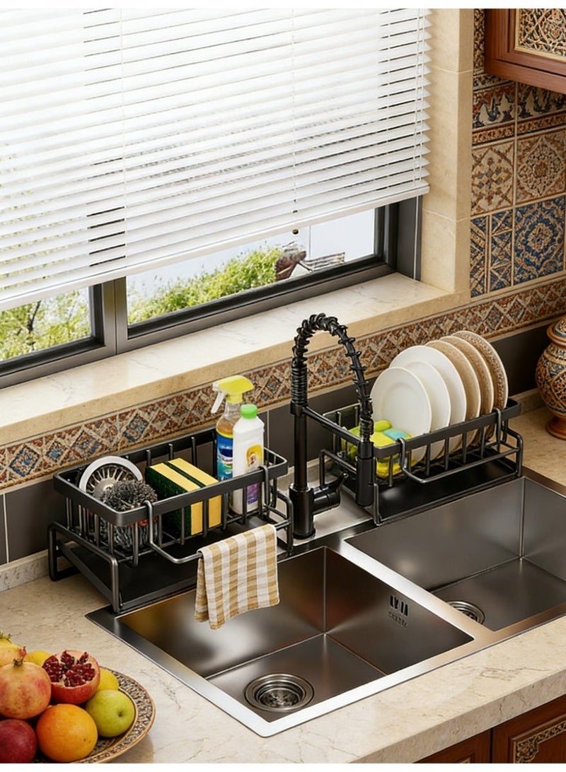 آي هوم شوب منظم حوض المطبخ مع حامل فرشاة قابل للإزالة - صينية تخزين بلاستيكية سوداء متعددة الطبقات مقاومة للصدأ، مناسبة للإسفنج والخرق والأواني، مزودة بخاصية تصريف المياه، سلة تنظيف فعالة - Image 2